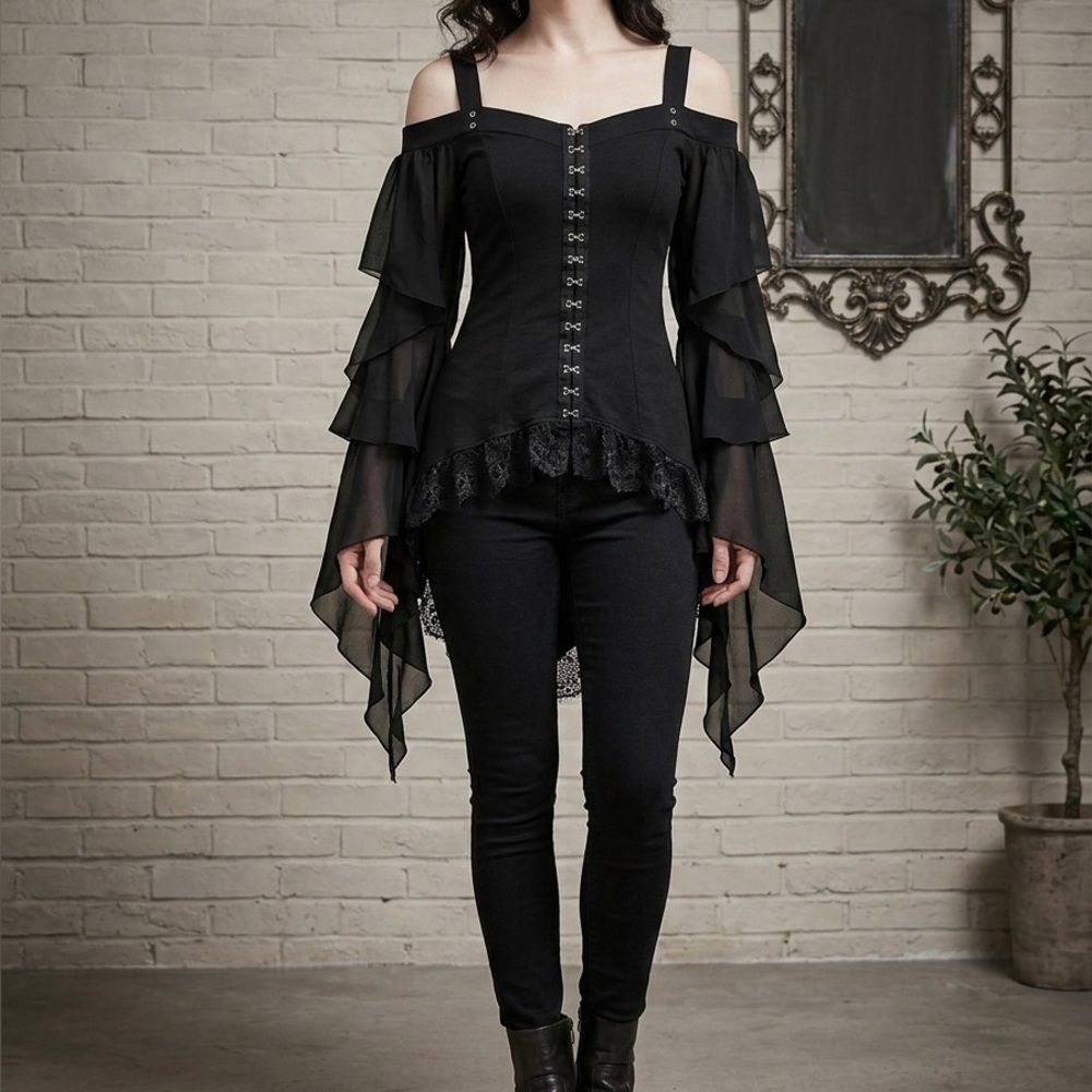 Cold-Shoulder Gothic Blouse with Lace Accents - Picture 3 of 3